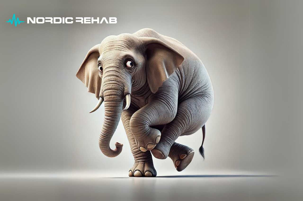 Illustration av en elefant som står på tårna med Nordic Rehab-logotyp i hörnet. Bilden används i en blogg om elefanters naturliga stötdämpning i fötterna – en fettkudde under hälen som fungerar som ett biologiskt skoinlägg.