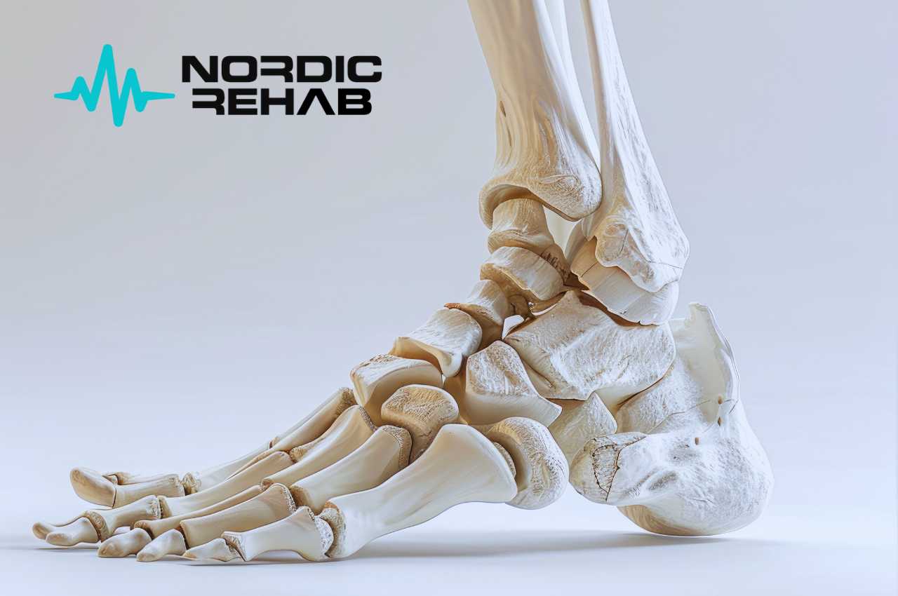 Anatomisk illustration av en fot med synliga ben, leder och ligament. Bilden används av Nordic Rehab för att visa fotens uppbyggnad och vikten av rätt skoinlägg för att förebygga skador som stukning, stressfraktur och överbelastning.