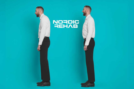 Före- och efterbild på en man med dålig och bra kroppshållning mot turkos bakgrund med Nordic Rehab-logotyp. Bilden illustrerar hur en rak hållning kan förbättra självförtroende, humör och mentalt välbefinnande enligt forskning.