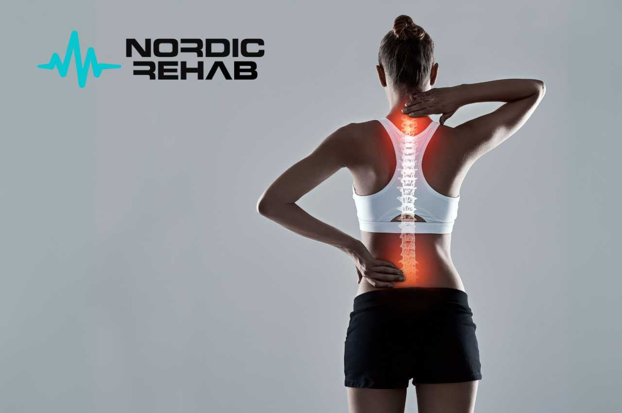 Kvinna sedd bakifrån med markerad ryggrad och smärtområden i nacke och ländrygg, med Nordic Rehab-logotyp. Bilden illustrerar hur kroppens ryggrad belastas under dagen och hur stötdämpande komfortinlägg kan minska trycket på leder och diskar.