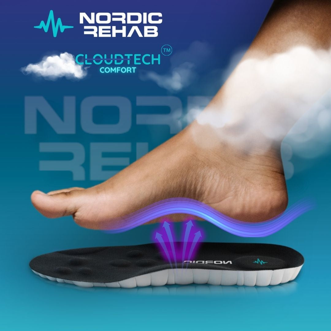 Fot som vilar på Nordic Rehab CloudTech Comfort skoinlägg med illustration av mjuk stötdämpning och luftig komfort. Bilden visar hur inlägget ger effektivt fotvalvsstöd och avlastar hela foten, vilket minskar trötthet och skapar känslan av att gå på moln.