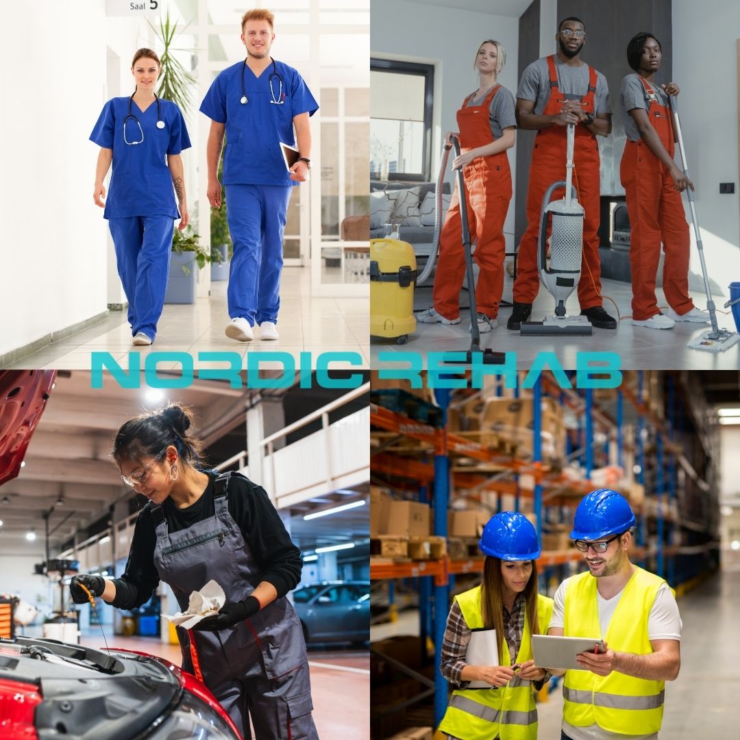 Kollage som visar personer inom olika yrken – sjukvård, städ, industri och lager – som representerar hur Nordic Rehab CloudTech Comfort skoinlägg kan användas av alla som står och går mycket. Inläggen ger fotvalvsstöd, stötdämpning och komfort under långa arbetsdagar.