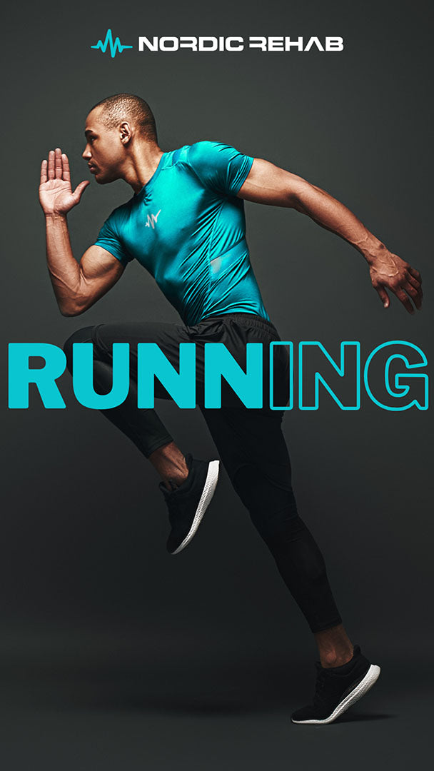 Inspirerande bild av löpare i rörelse med Nordic Rehab-logotyp – symboliserar energi, frihet och aktiv livsstil.