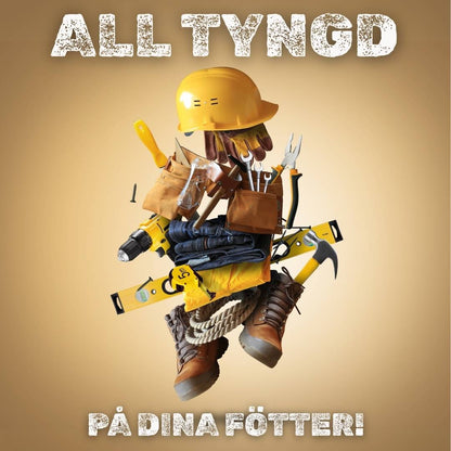 Kampanjbild från Nordic Rehab med texten ”All tyngd på dina fötter”. Bilden visar en sammansättning av arbetskläder, verktyg och skyddsskor som formar en arbetare och betonar vikten av rätt stöd och skoinlägg för tunga arbetsdagar.